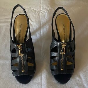 Antonio Melani Black Heeled Sandals with Gold Accents